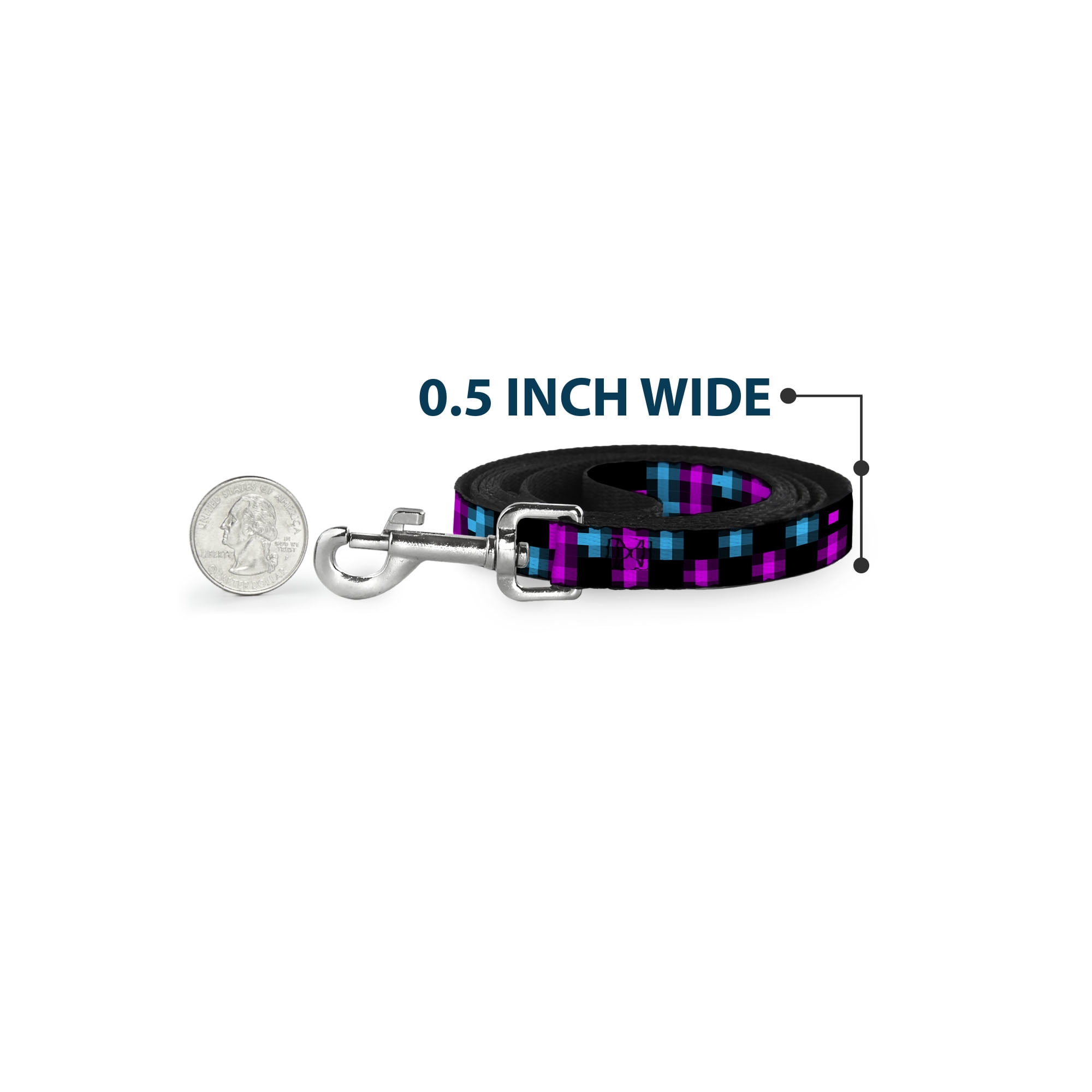 Buckle-Down Pet Leash, Dog Leash, Pixilated Checker Black Fuchsia Turquoise, 6 Feet Long 1.0 Inch Wide