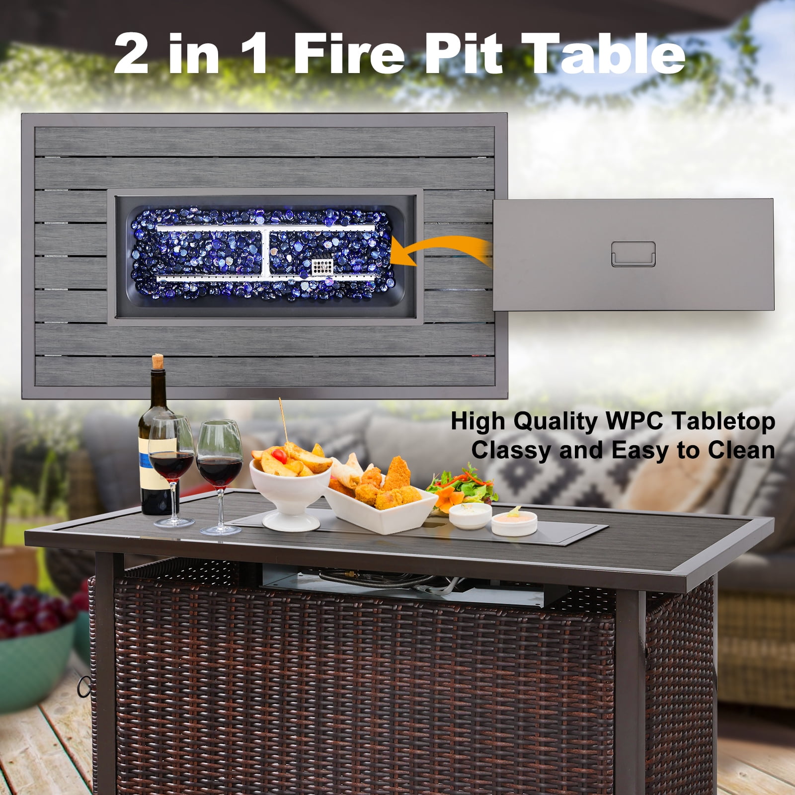 NOBLEMOOD 50000 BTU 48 inch Wicker Outdoor Propane Fire Pit Table with Dustproof Cover and Blue Glass Beads for Outside Backyard Garden