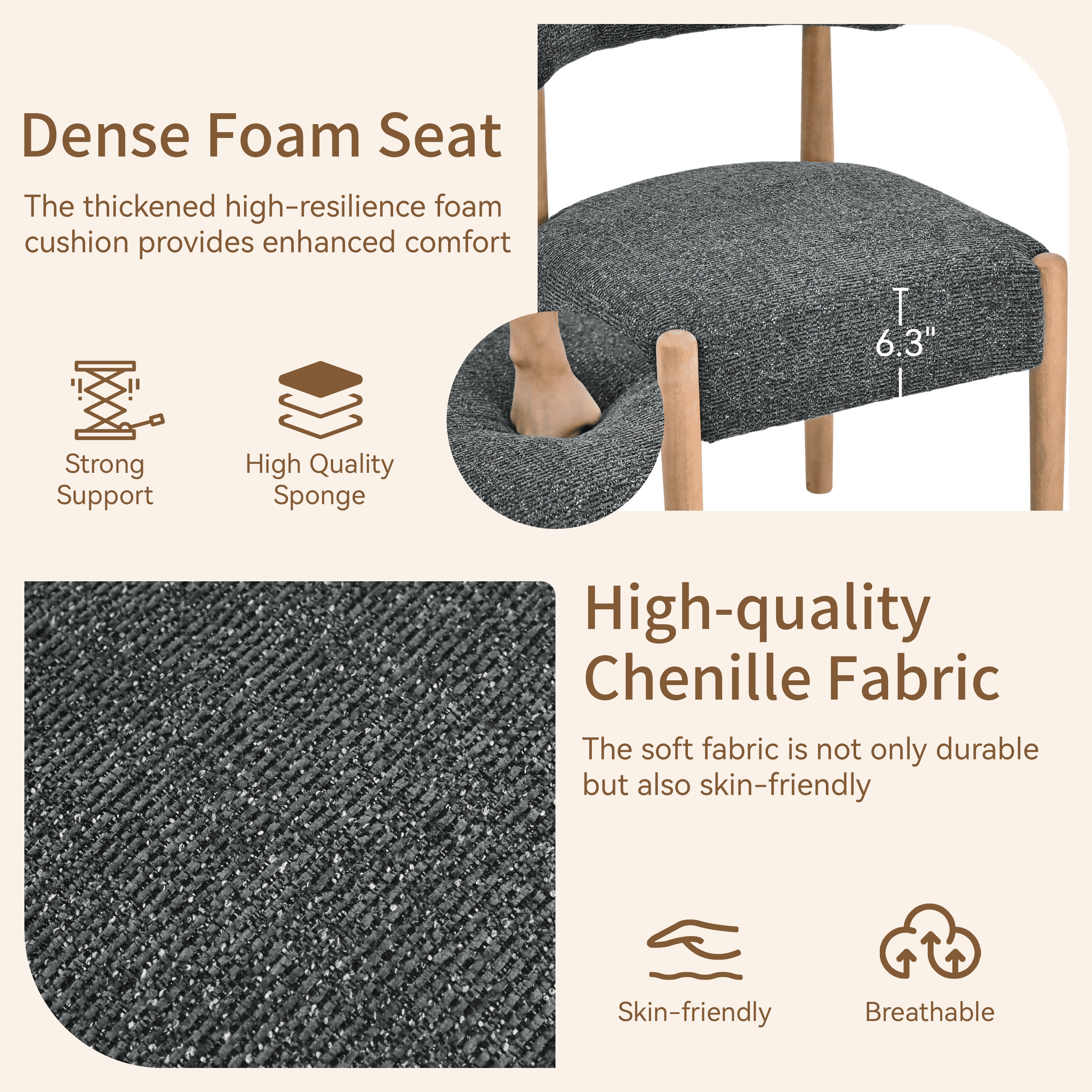 Vknow Furniture Minimalist Fabric Dining Chairs Set of 2 Solid Wood Legs Ergonomic Backrest for Dining Room Bedroom Study, Black