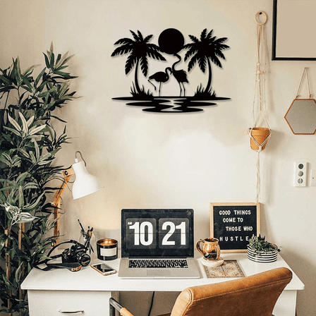 HELLOYOUNG 11.81 inch Flamingo Palm Tree Sunset Sign Metal Wall Art Decoration Iron Drawings Wall Hanging for Bedroom/Living Room Tropical style Home Decoration