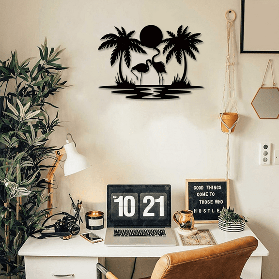HELLOYOUNG 11.81 inch Flamingo Palm Tree Sunset Sign Metal Wall Art Decoration Iron Drawings Wall Hanging for Bedroom/Living Room Tropical style Home Decoration