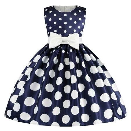 

Girls Bowknot Dot Printed Sleeveless Wedding Birthday dress Size 100-150