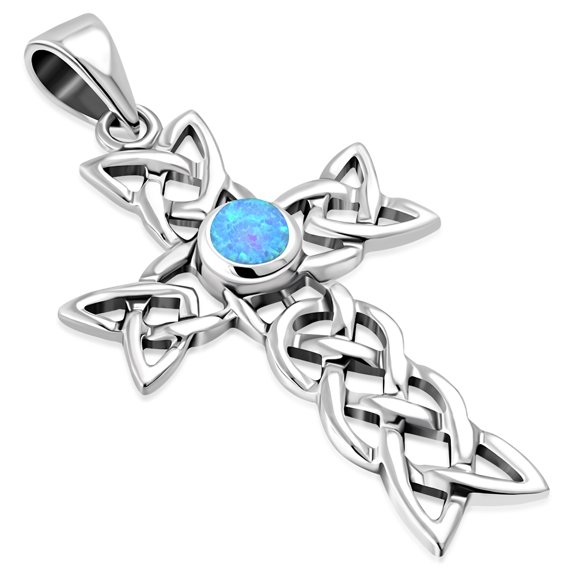 Women's Synthetic Opal Cross Celtic Knot Silver Pendant Necklace