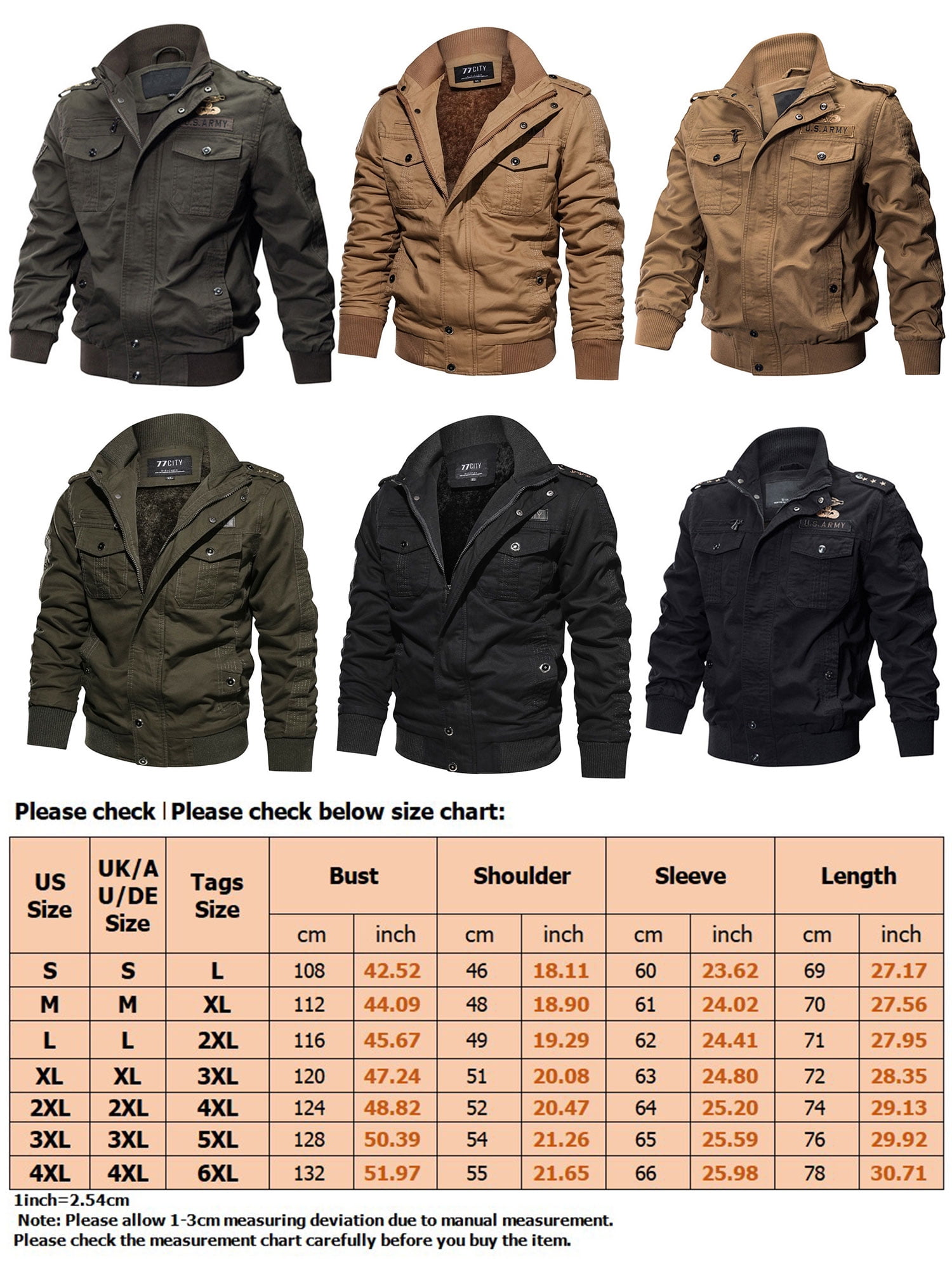 Tenmix Men's Stand Collar Military Coats Warm Bomber Jackets