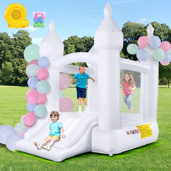 Adnoom Inflatable Bounce House with 350W Blower, Bounce House with Slide, White Jumping Castle for Kids 3~10, Bouncy House for Wedding, Party, Gift Decoration, Indoor & Outdoor