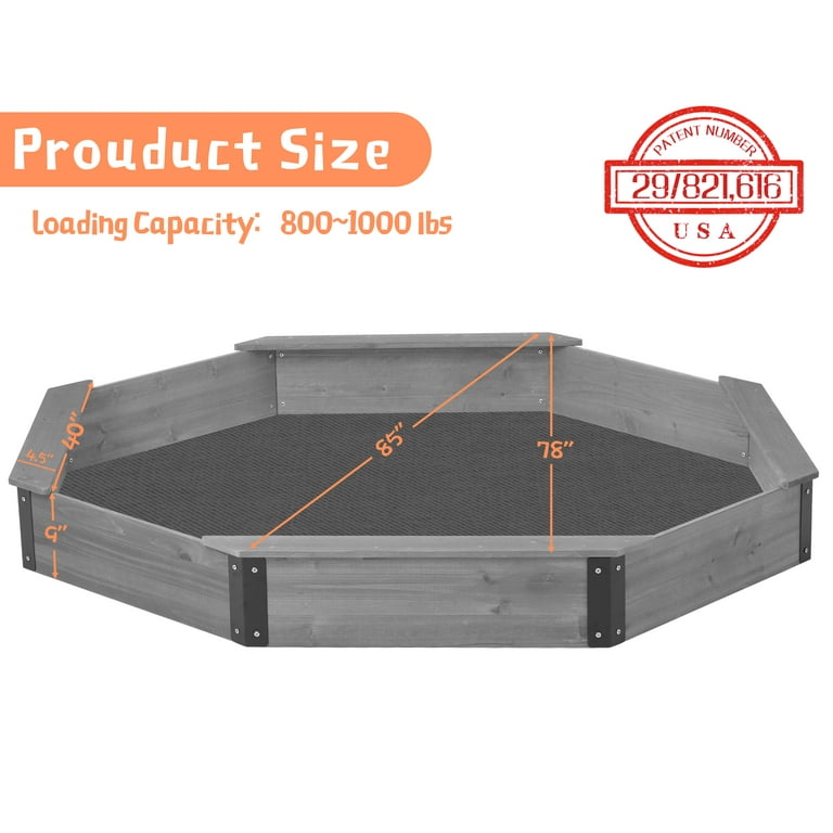 Wooden Octagon Sandbox with Cover, 85''x78''x9'', Kids Outdoor