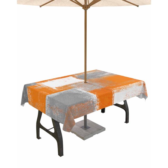 Outdoor Tablecloth with Umbrella Hole for Patio/Picnic/Party/Camping, Burnt Orange Grey Waterproof Table Cloth Rectangle Table Cover Washable, Modern Oil Painting White Geometric 52"x 70"