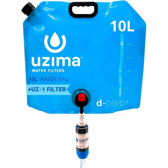 Uzima D-Prep Plus Emergency Water Filtration & Storage System – 10L Collapsible Gravity Water Storage Container with UZ-1 Filter for Safe Drinking – Portable Survival & Camping Bladder