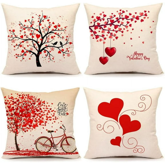 Valentines Day Throw Pillow Covers 18x18 Set of 4 Red Love Heart Home Decorations Cushion Case for Sofa Couch Polyester Linen