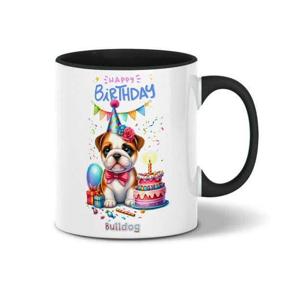 Happy Birthday Cute Puppy Bulldog with Cake Gifts Party Hat 11oz Accent Two-tone Mug Dog Lover Gifts Idea Coffee Tea Cup - 00029