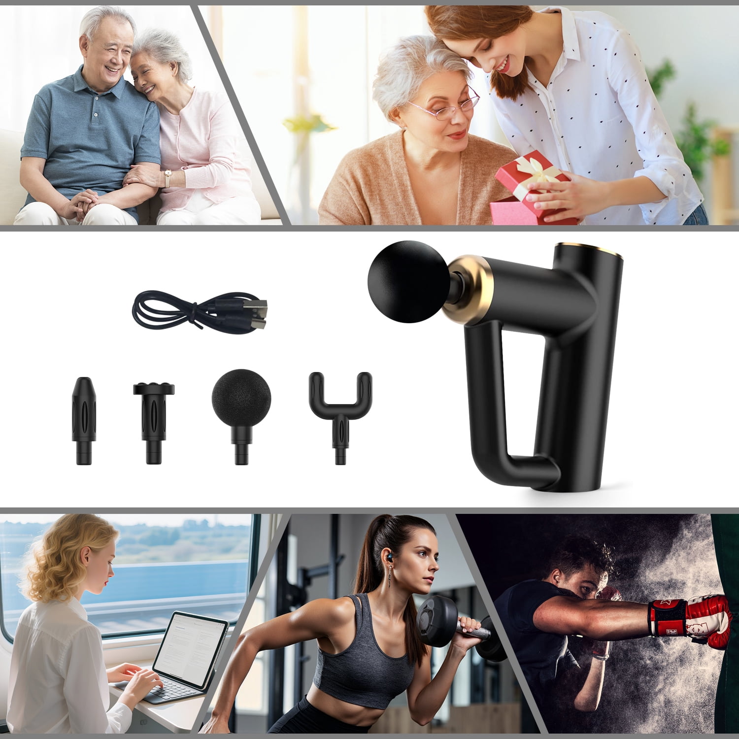 Syenll Massage Gun, Massage Gun Deep Tissue, Percussion Massage Gun with 4 Heads and 6 Speeds, Handheld Massager for Athletes Pain Relief, Black