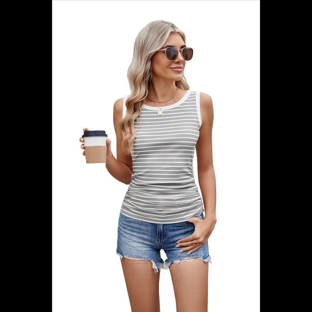 Camisetas Sin Mangas Acanaladas para Mujer, Camisetas Informales Ajustadas con Cuello Redondo de Verano 2025. Gris XXL