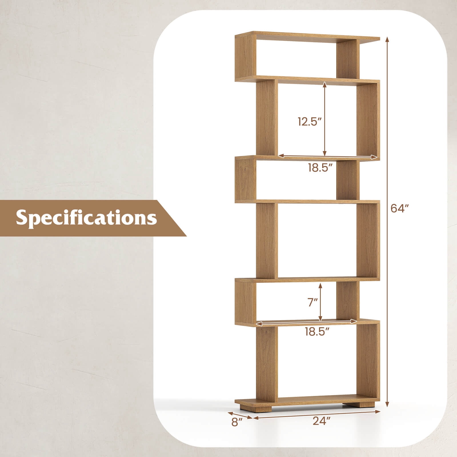 Costway 6-Tier Bookshelf with 2 Anti-Tipping Kits, Wooden Display Shelf for Home Office Natural