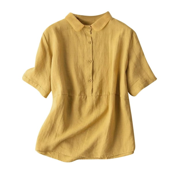 Camisa de mujer de lino con botones, manga corta y cuello redondo, top informal de algodón mezclado para la oficina, corte ajustado, temporada otoño, tallas M-XXXL