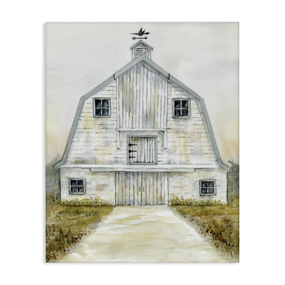 Stupell Industries White Barn Grey Trim Landscape Painting Gallery Wrapped Canvas Art Print Wall Art, 16 x 20