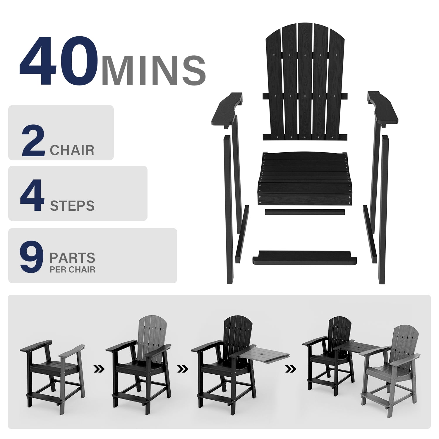 WINSOON Tall Adirondack Chair Set of 2 with Connecting Tray,Outdoor Bar Stools-Black