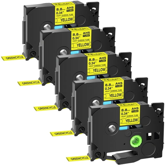 GREENCYCLE 5PK Compatible for Brother P-touch HSE-621 HS-621 HSe621 HS621 8.8mm 0.34" Black on Yellow Heat-shrink Label Tape