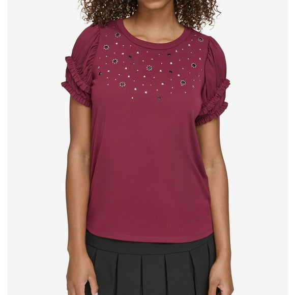 Karl Lagerfeld Womens Smocked Sleeve Pullover Blouse, Purple, X-Small