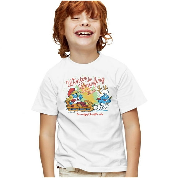 Smurfs Christmas Winter Is Smurfing Fast Smurfette Kids T Shirt for Youth Boys and Girls, White, Medium