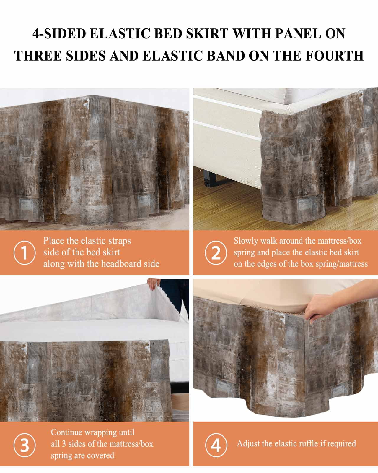 Brown Wrap Around Bed Skirts for Queen Bed 16" Drop,Bed Skirt with Adjustable Elastic Belt Dust Ruffle Bed Valance for Bedroom Hotel Retro Oil Painting Modern Abstract Art Aesthetics Bed Frame Cover