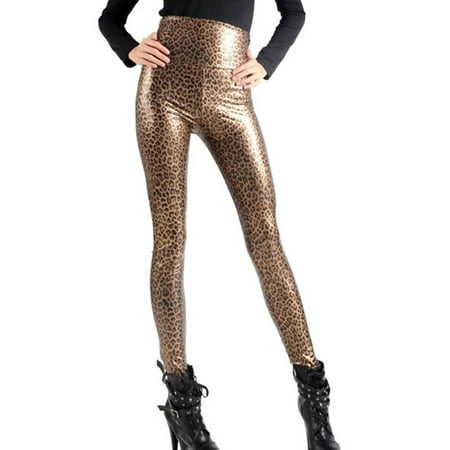 Leopard Heart Pants - Blooms - Women Polyurethane Leather High Waist Ankle Length Footless Pantyhose Legging Tight Pant Small Medium Large (Large, Leopard)