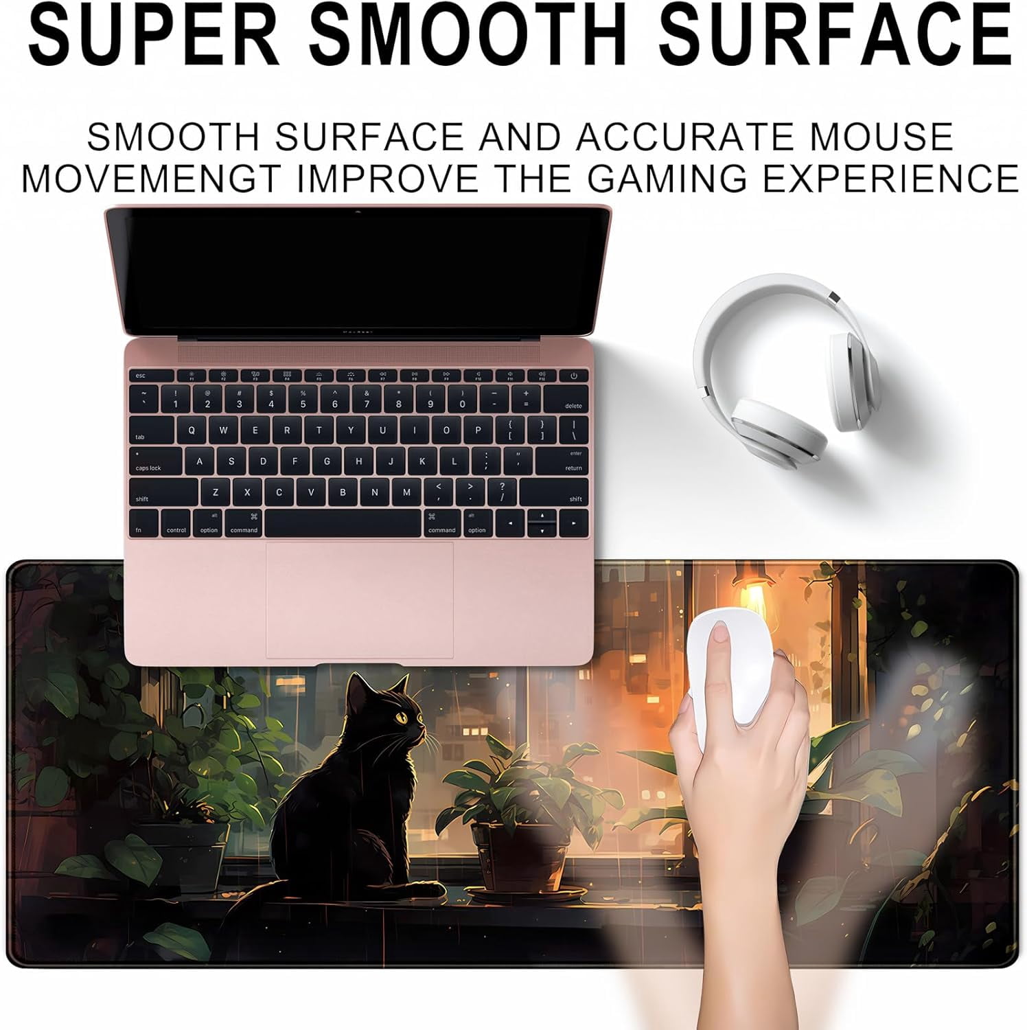 Black Cat Plants Desk Mat Large Gaming Mouse Pad 31.5''X11.8'' Extended Big Mousepad XL Cozy Lofi Desk Pad Cute Dark Academia Aesthetic Keyboard Mouse Mat Anime Office Decor Gift