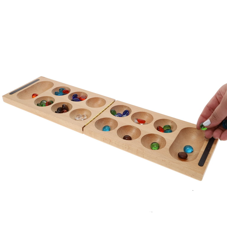 WE Games Folding Mancala - Solid Wood Board Game & Glass Stones, 1