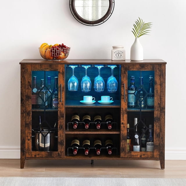 Ourlova Wine Bar Cabinet with Led Light Glass Door Liquor Cabinet with Wine Rack Coffee Bar Table with Storage Liquor Sideboard with Adjustable Shelves for Living Room 47.2 inch Rustic Brown