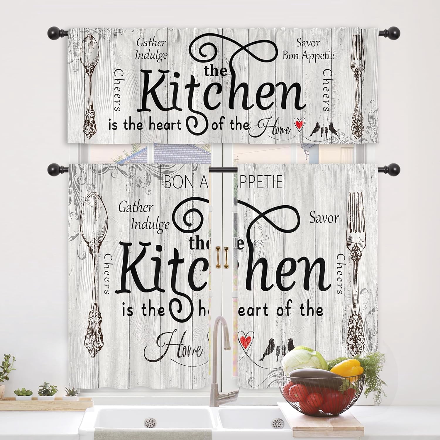 Kitchen Curtains and Valances 3 Piece Set Rod Pocket 36 Inch Short Rustic Black White Farmhouse Country Bedroom Living Room Treatment Fabric
