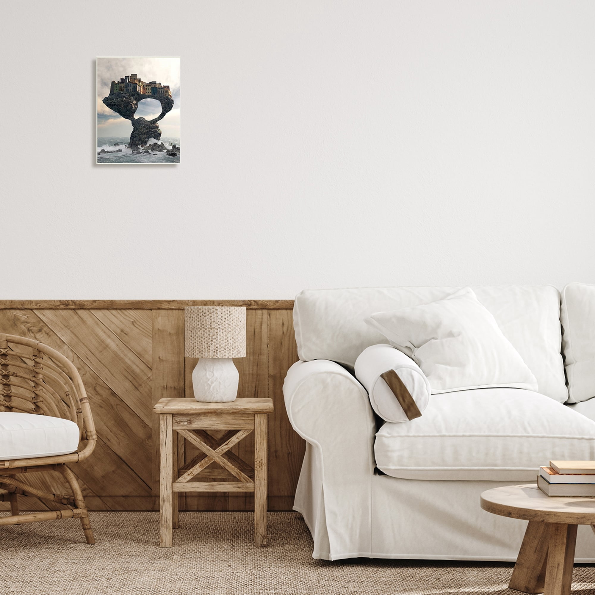 Stupell Industries Surreal City Atop Rocks Cliff Sea Waves Splashing Wood Wall Art, 10 x 15, Design by Cynthia Decker