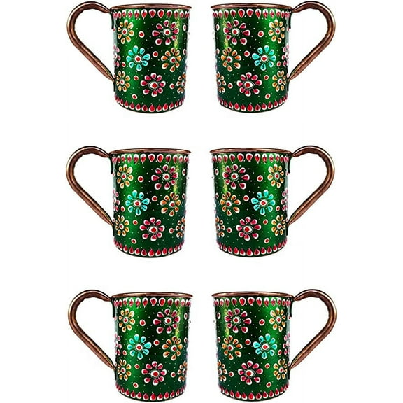Rastogi Handicrafts Handmade Pure Copper Outer Hand Painted Art Work Wine, Vodka, Beer,Cocktail,Juice, Cold Coffee Straight Mug - Cup 16 oz Pack Of 6 Cup (GREEN)