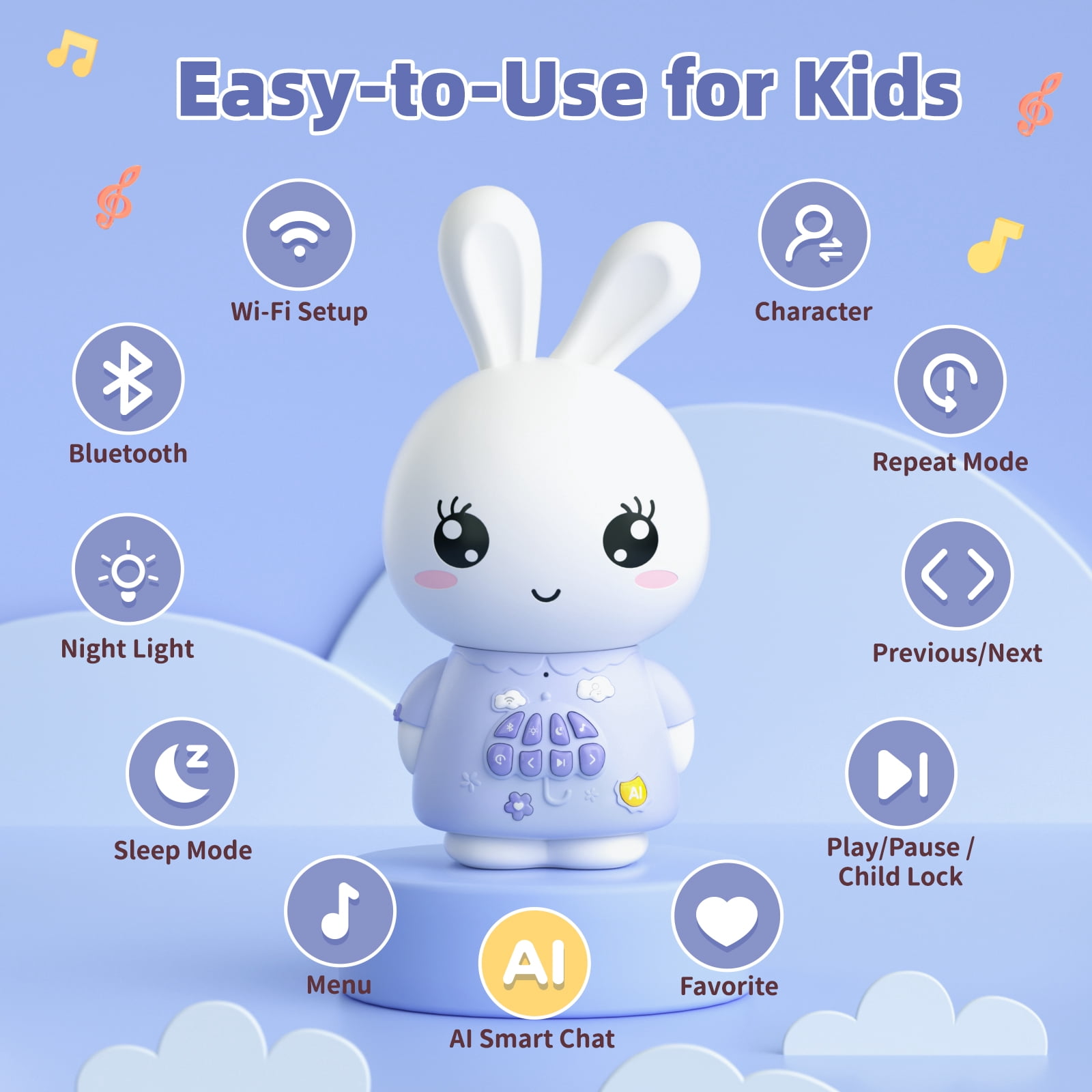 alilo Smart AI Bunny - Smart Storytelling Toy, Bluetooth Player, Night Light, with Preloaded Songs & Stories