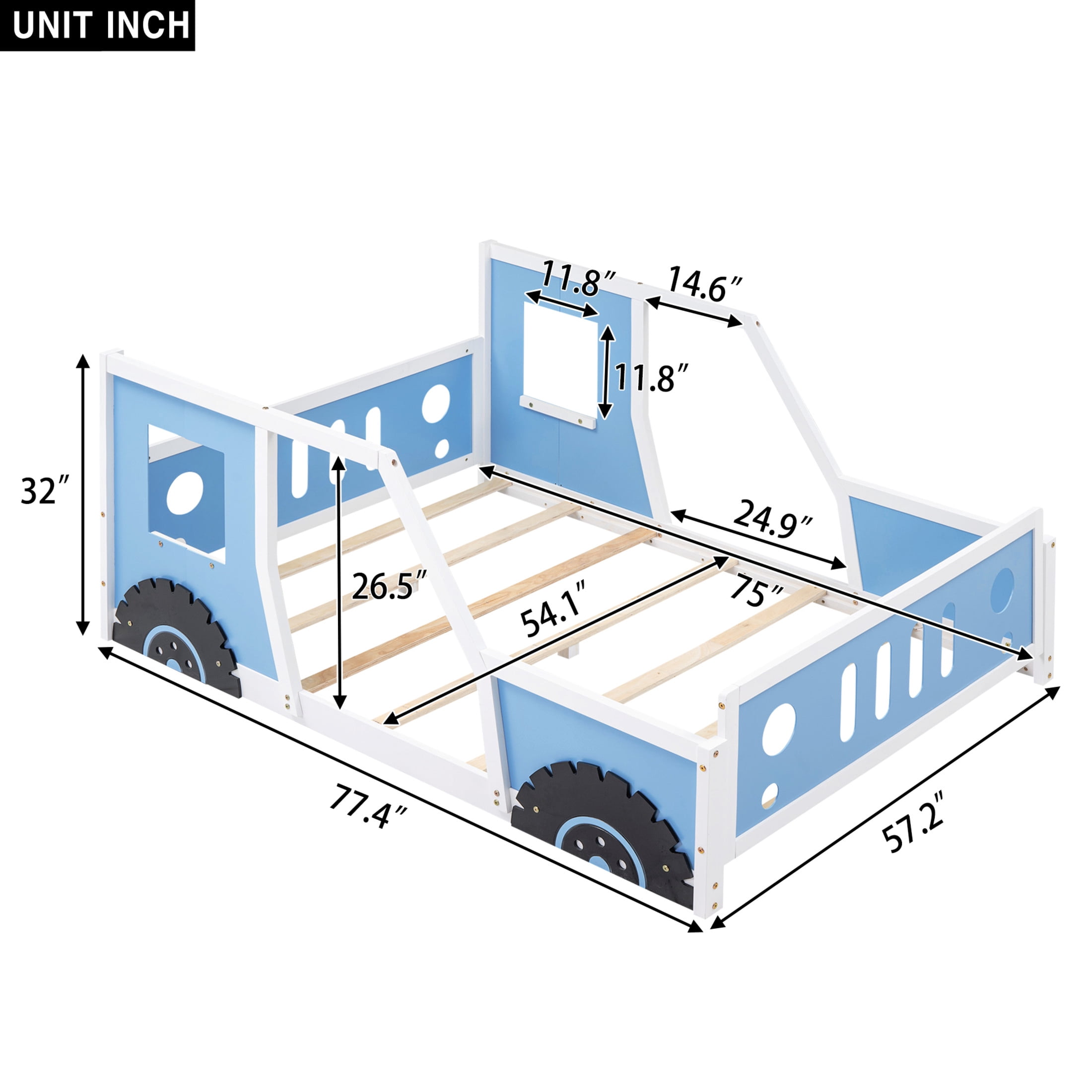 Noble House Full Classic Car-Shaped Platform Bed, Playful Pine Wood Frame with Doors and Wheels, Blue