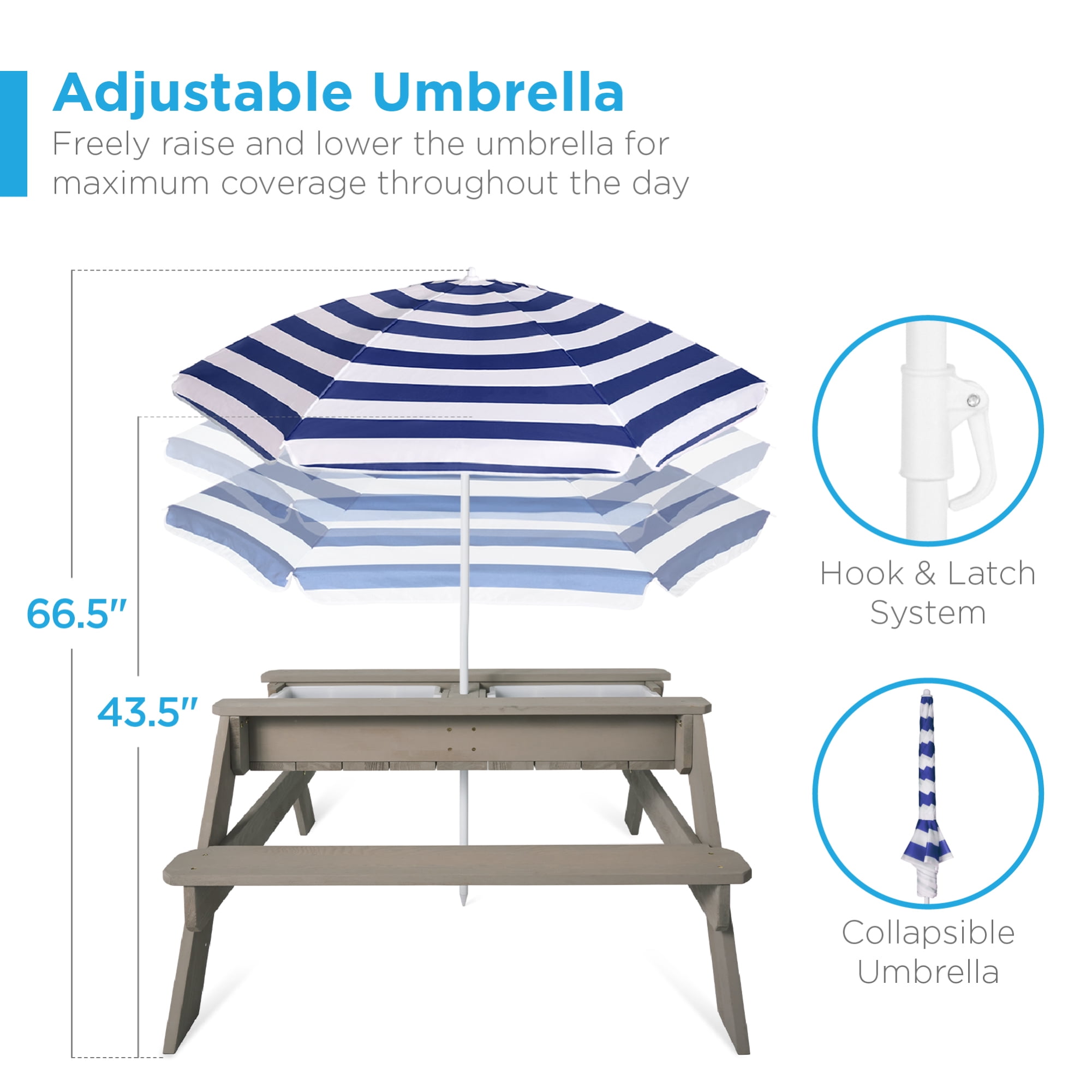 Best Choice Products Kids 3-in-1 Outdoor Sand and Water Activity Picnic Table with Umbrella - Gray/Navy