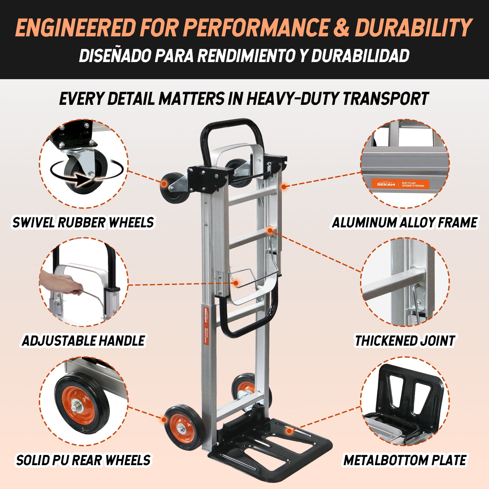 SEKAM Folding Hand Truck, 500 lbs Heavy Duty 2-in-1 Convertible Dolly Cart
