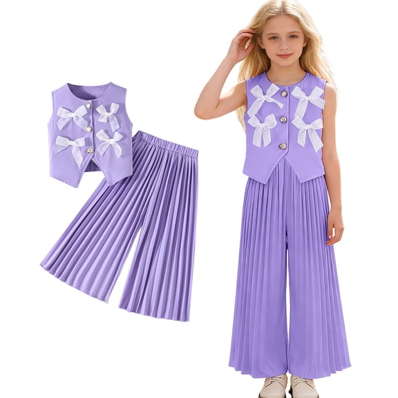 Girls Two Piece Outfits Bow Sleeveless Vest and Wide Leg Pants Set Summer Outfits Preppy Clothes for Girls 4-5 Years
