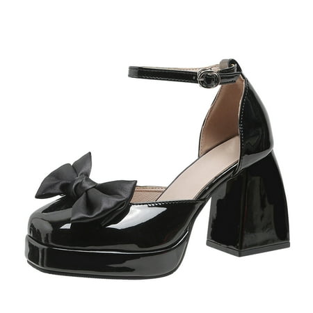 

Cathalem Ladies Fashion Solid Color Bright Leather Bow Decorative Buckle Thick High Heel Casual Shoes Black 38