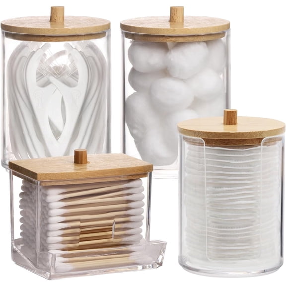 4 Pack Qtip Holder Bathroom Container, 10/7oz Cotton Ball Cotton Swabs Pads Dispenser, Apothecary Jar with Bamboo Lids for Organizer and Storage (Beige)