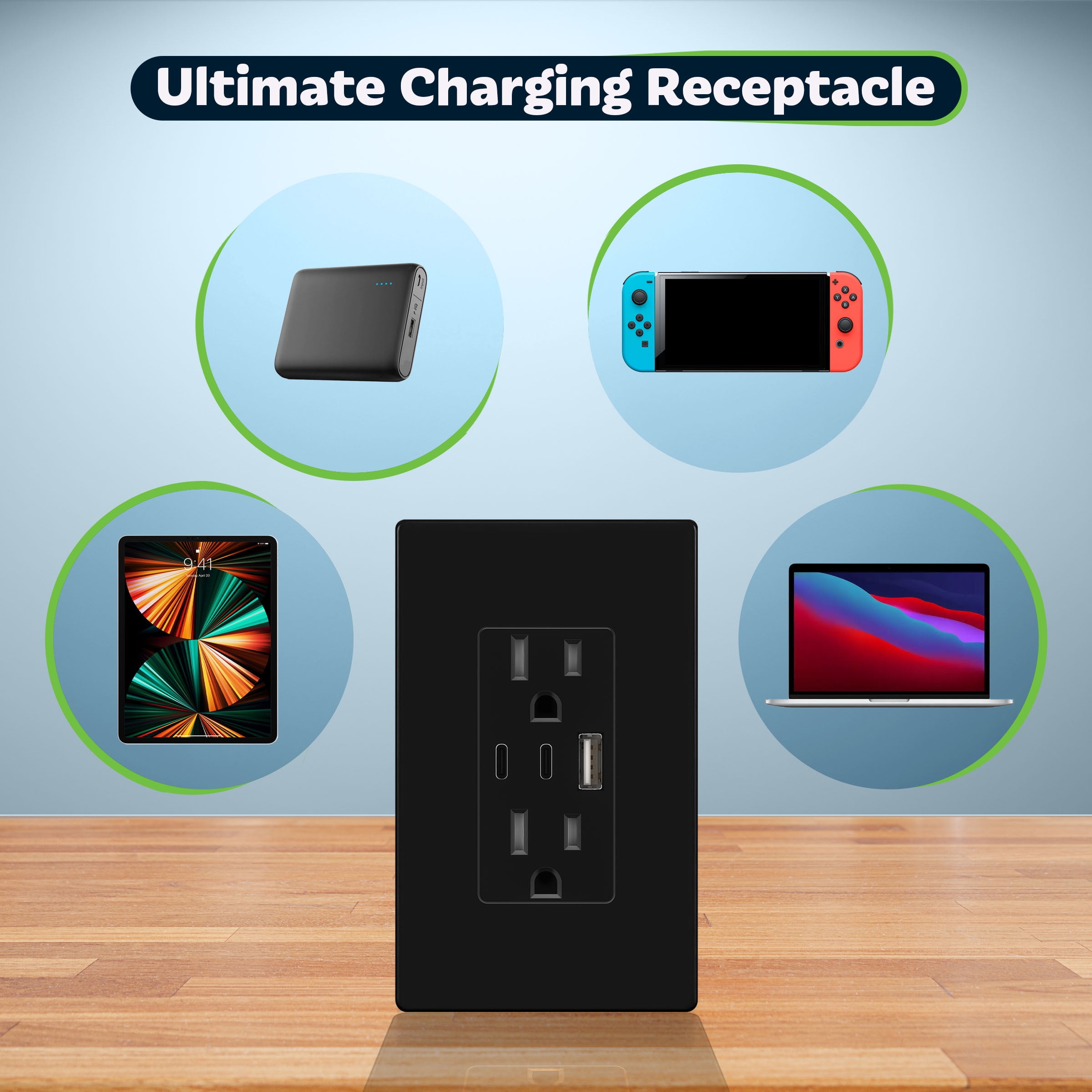 TOPGREENER 4.2A 3-Port Type C USB Outlet, 15 Amp Receptacle Plug, Charging Power Outlet with Dual Type C&A Ports, Screwless Wall Plate Included, UL Listed, TU21542AC2-BKSID, Black, 2Pack