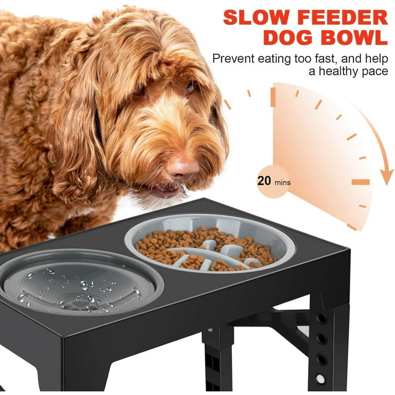 Elevated Dog Bowls, Adjustable Raised Dog Bowls with No Spill Dog Water Bowl  and Stainless Steel/Slow Feeder Dog Bowl, Dog Bowl Stand for Small Medium Large  Dogs,Cats & Pets (Plastic)