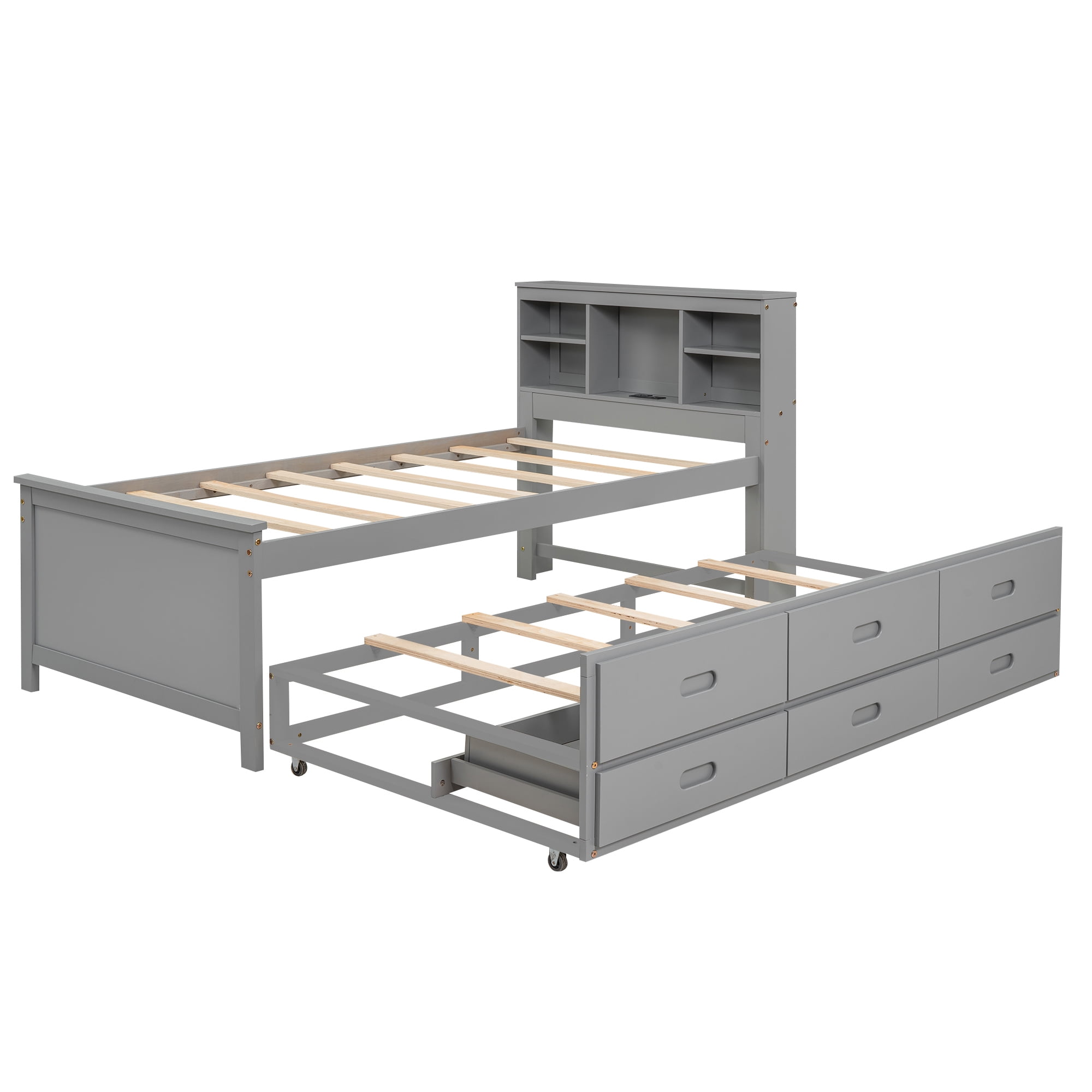 Euroco Wood Twin Size Platform Bed with Storage Trundle Bed and Drawers, USB Charging and Shleves, Gray