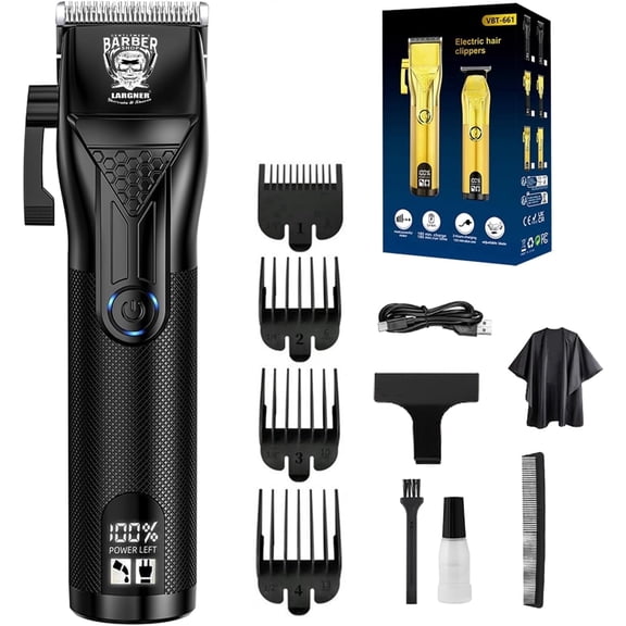LARGNER Professional Hair Clippers for Men, Metal Handle Cordless Barber Clipper Set with LCD Display, 2-Speed Haircut Kit, Gift for Him, Black, 11-Piece
