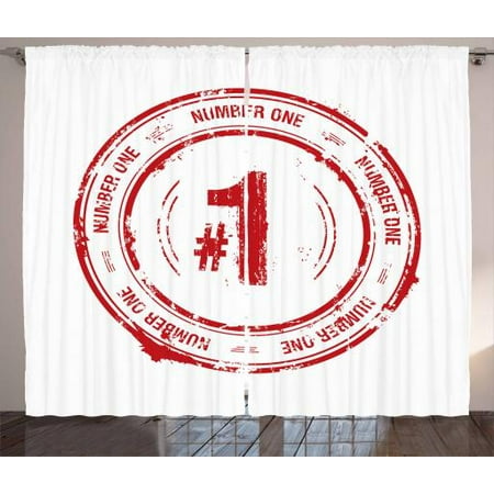 Number Curtains 2 Panels Set, Number One Old Fashioned Grunge Stamp at Top Best Leader Emblem Design, Window Drapes for Living Room Bedroom, 108W X 108L Inches, Vermilion and White, by