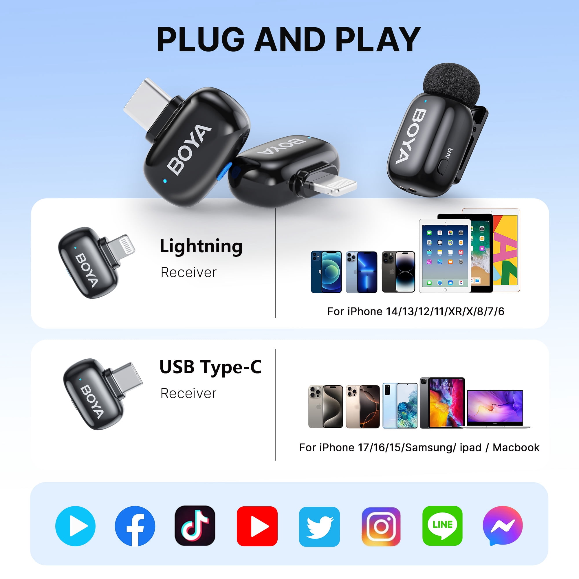 BOYA Mini 2 Wireless Lavalier Microphone, for iPhone/iPad/iPod, 30H,MIF, 328 FT, AI Cancelling, with Charging Case for Vlog, Streaming, Gray