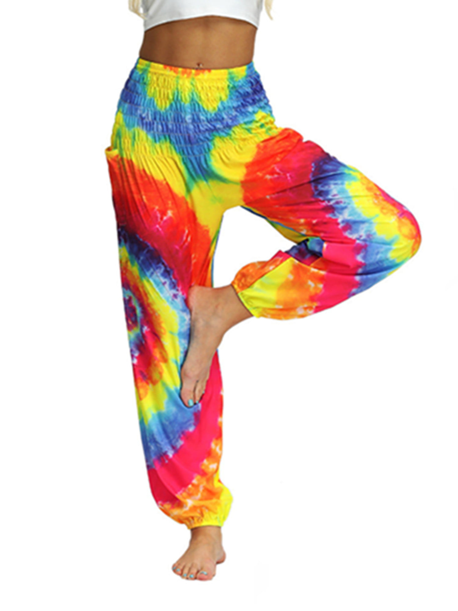 Yanekop Womens Harem Hippie Pants Boho Yoga Clothing Smocked Waist Palazzo Beach Pants 