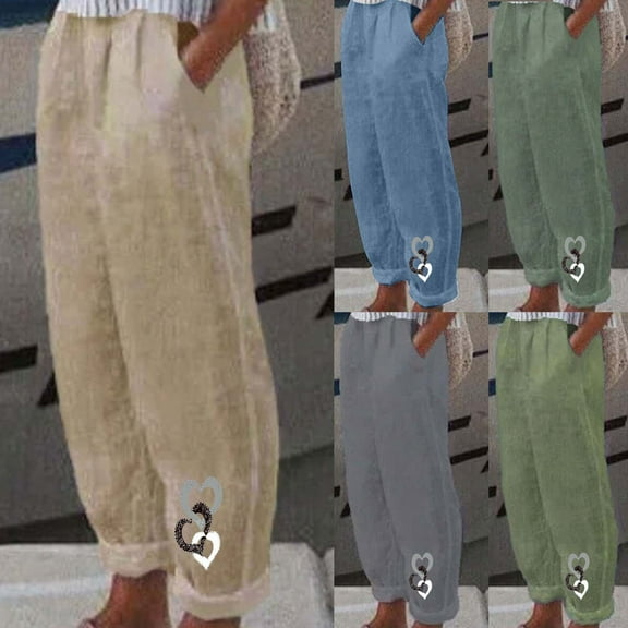 QATAINLAV 2025 Summer Cotton Linen Pants for Women Casual Elastic Waist Straight Leg Beach Pant Loose Fit Fashion Heart Printed Trousers with Pockets Army Green XXL Birthday Gifts