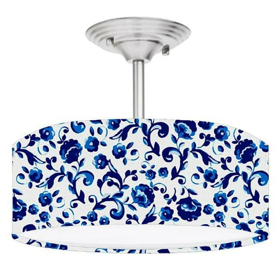 888 Cool Fans DR-0001081 Tiny Blue Floral Delft 2-Light Brushed Nickel Drum Style LED Lamp Fixture