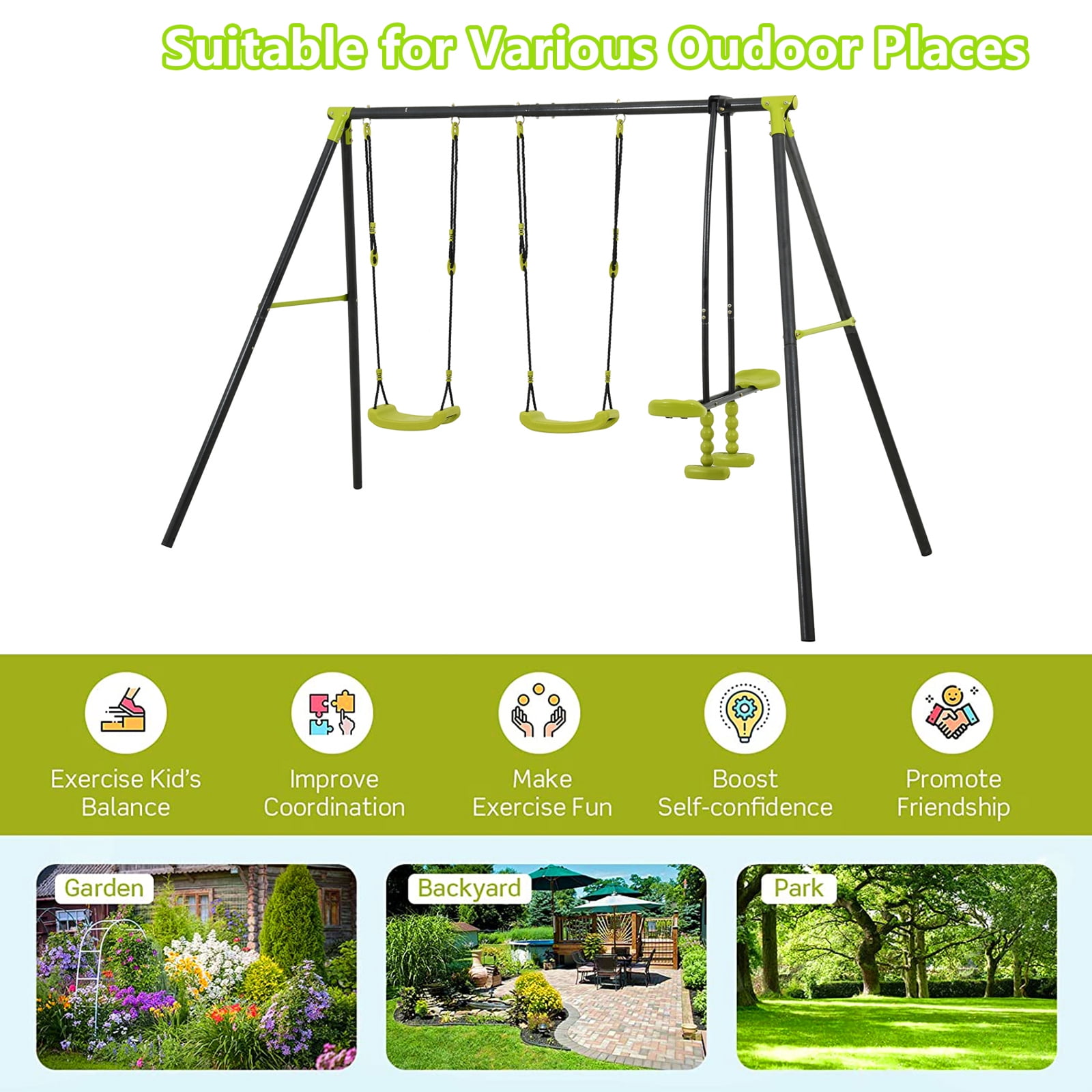 iRerts Outdoor Swing Sets for Kids, 3 in 1 Metal Swing Set with 2 Single Swings and 1 Swing Glider, Kids Playground Set for Backyard Garden Park, Kids Backyard Swing Set for Boys Girls