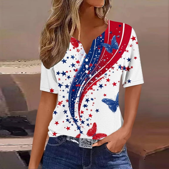 Cavosen 4th of July Clothes Women Independence Day Short Sleeve V Neck T Shirts USA Star Striped Graphic Tops Lady XL 4th of July Casual T Shirts Red White and Blue Tunic Tees