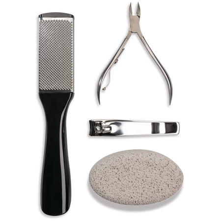 4 Piece Feet Pedicure Tools, Grooming Men Professional Grade Pedicure Supplies with Stainless Steel Construction Callus Remover, Cuticle Trimmer, Nail Clipper and Pumice Stone MensPedicureSet